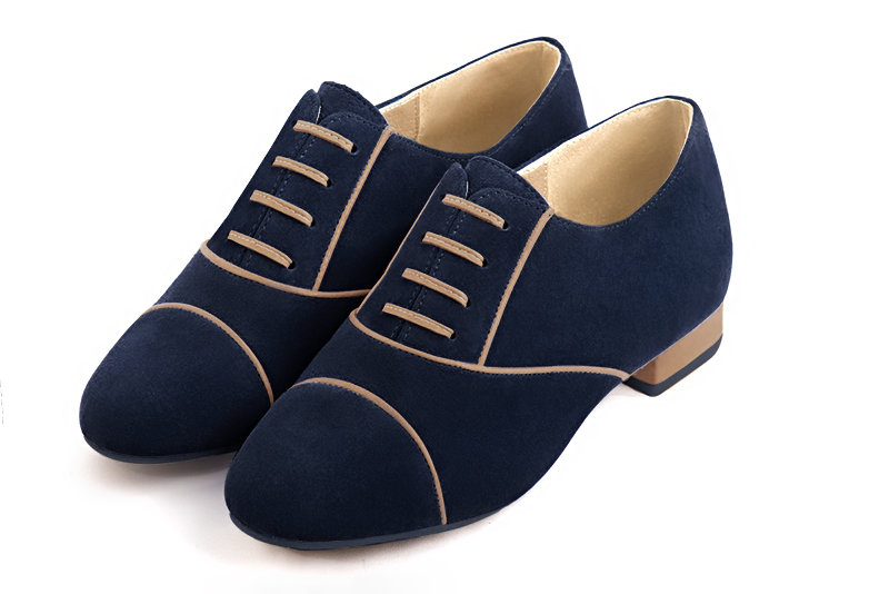 Midnight blue and caramel brown women's essential lace-up shoes. Round toe. Flat block heels - Florence KOOIJMAN